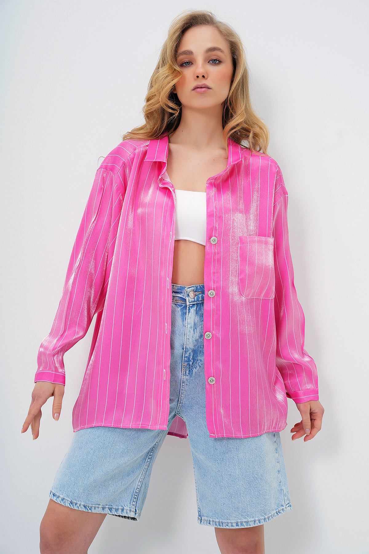 TEK CEPLİ OVERSİZE SATEN GÖMLEK - PEMBE