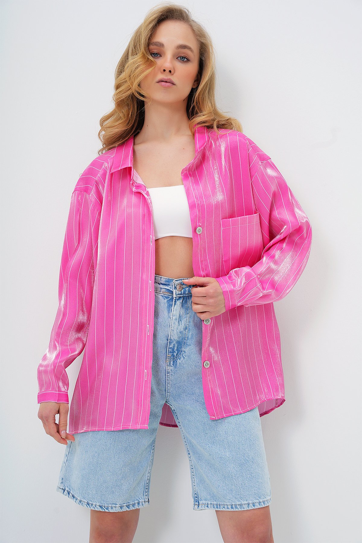 TEK CEPLİ OVERSİZE SATEN GÖMLEK - PEMBE