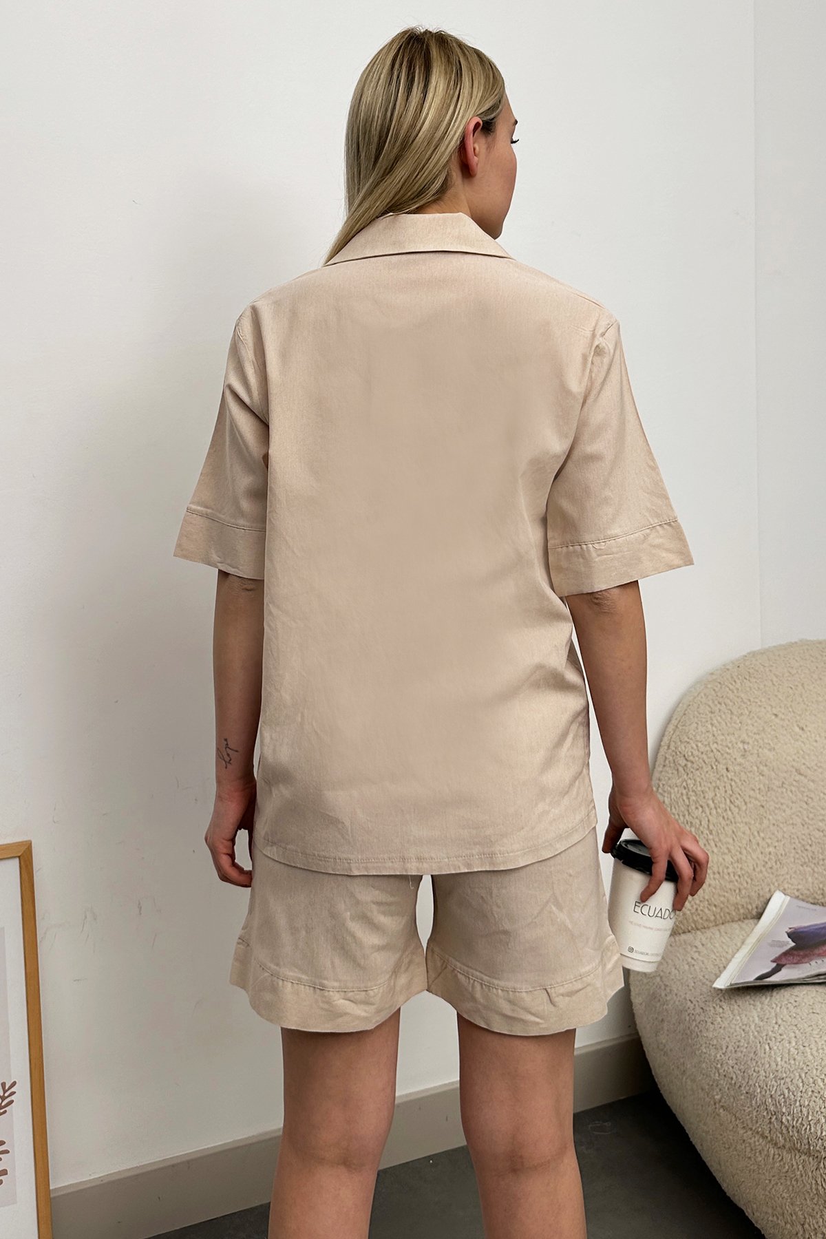 Tek Cepli Şortlu Dokuma Pijama Takım - Somon