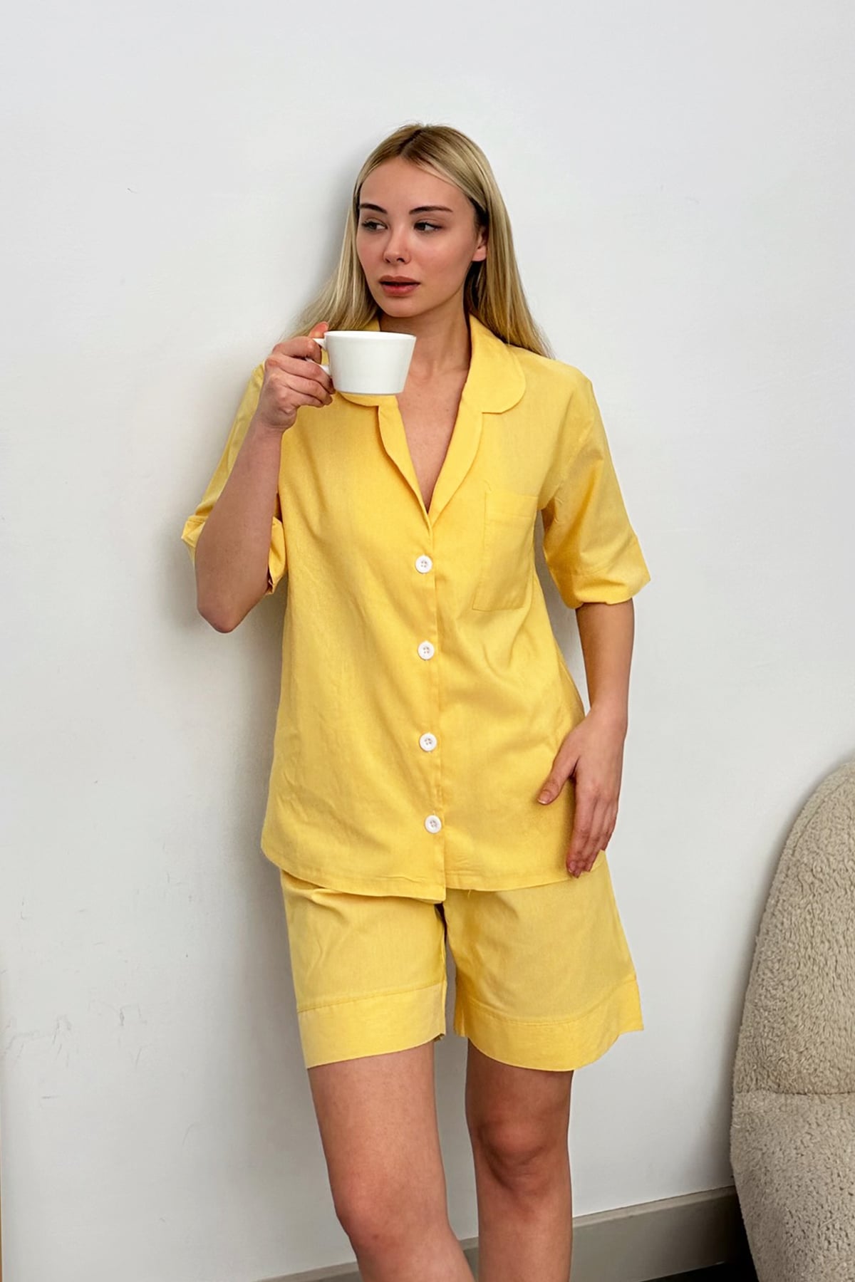 Tek Cepli Şortlu Dokuma Pijama Takım - Sarı