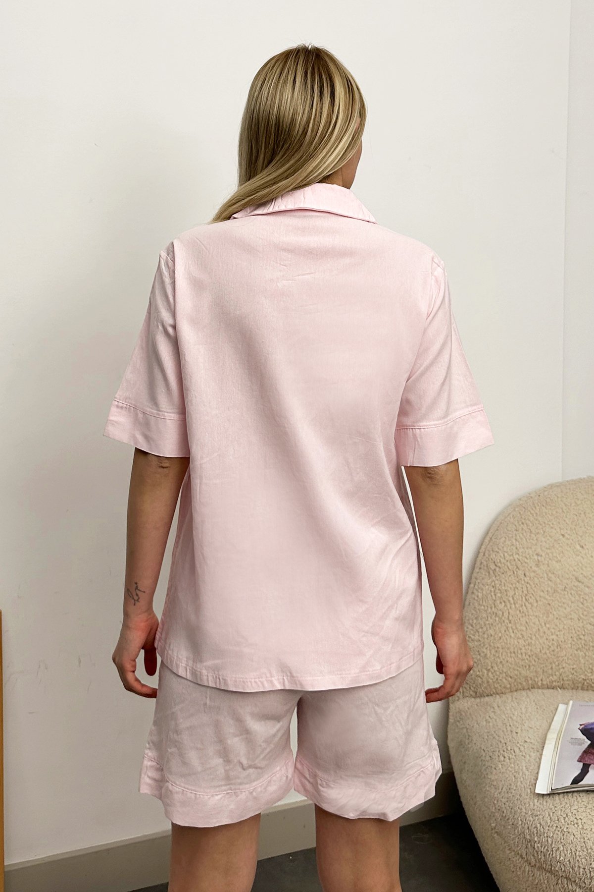 Tek Cepli Şortlu Dokuma Pijama Takım - Toz Pembe