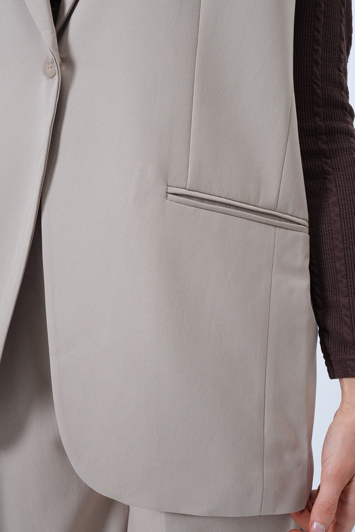 Tek Düğmeli Çift Cepli Astarlı Yelek Pantolon Takım - BEJ