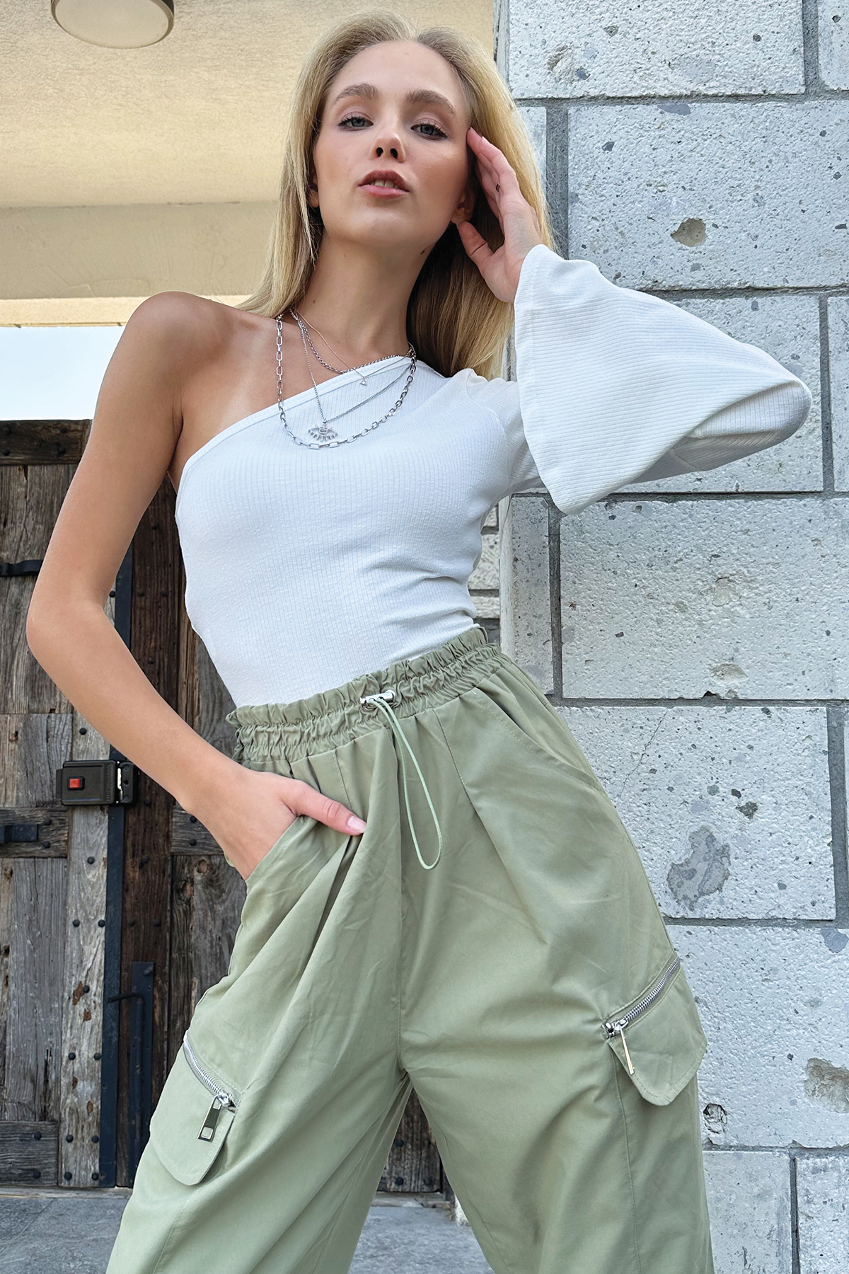 Tek Omuz Crop Bluz - Beyaz