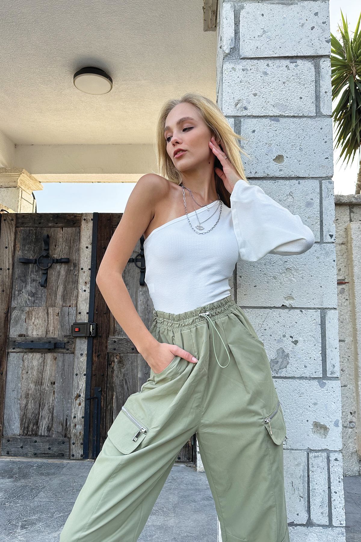 Tek Omuz Crop Bluz - Beyaz