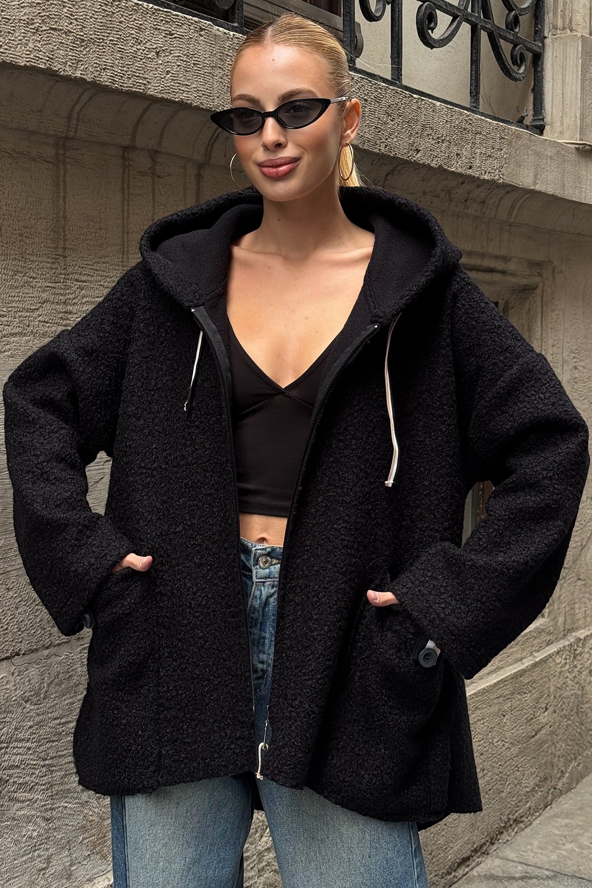 Torba Cepli Kapüşonlu Fermuar Kapamalı Kaşe Kaban - SİYAH