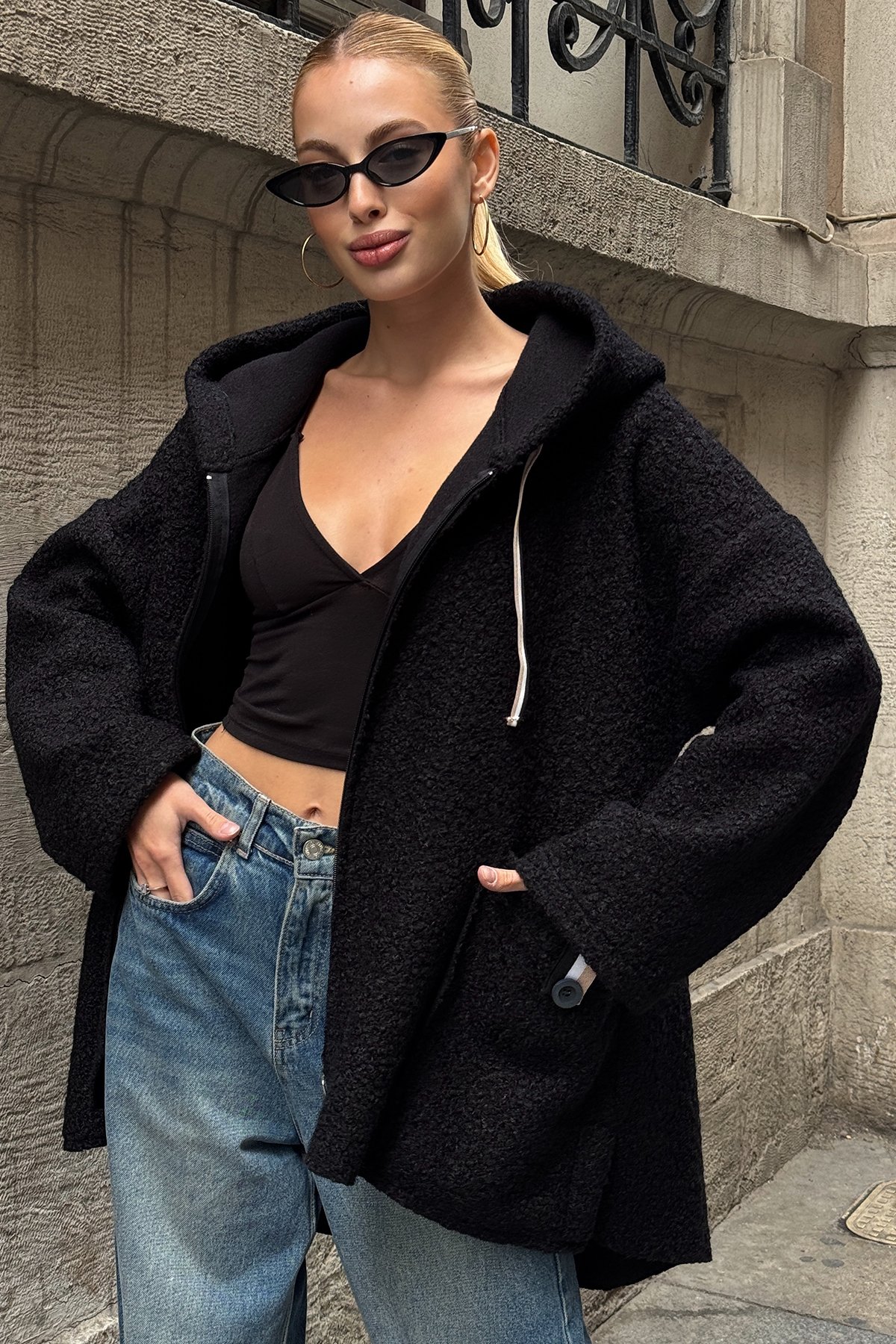 Torba Cepli Kapüşonlu Fermuar Kapamalı Kaşe Kaban - SİYAH