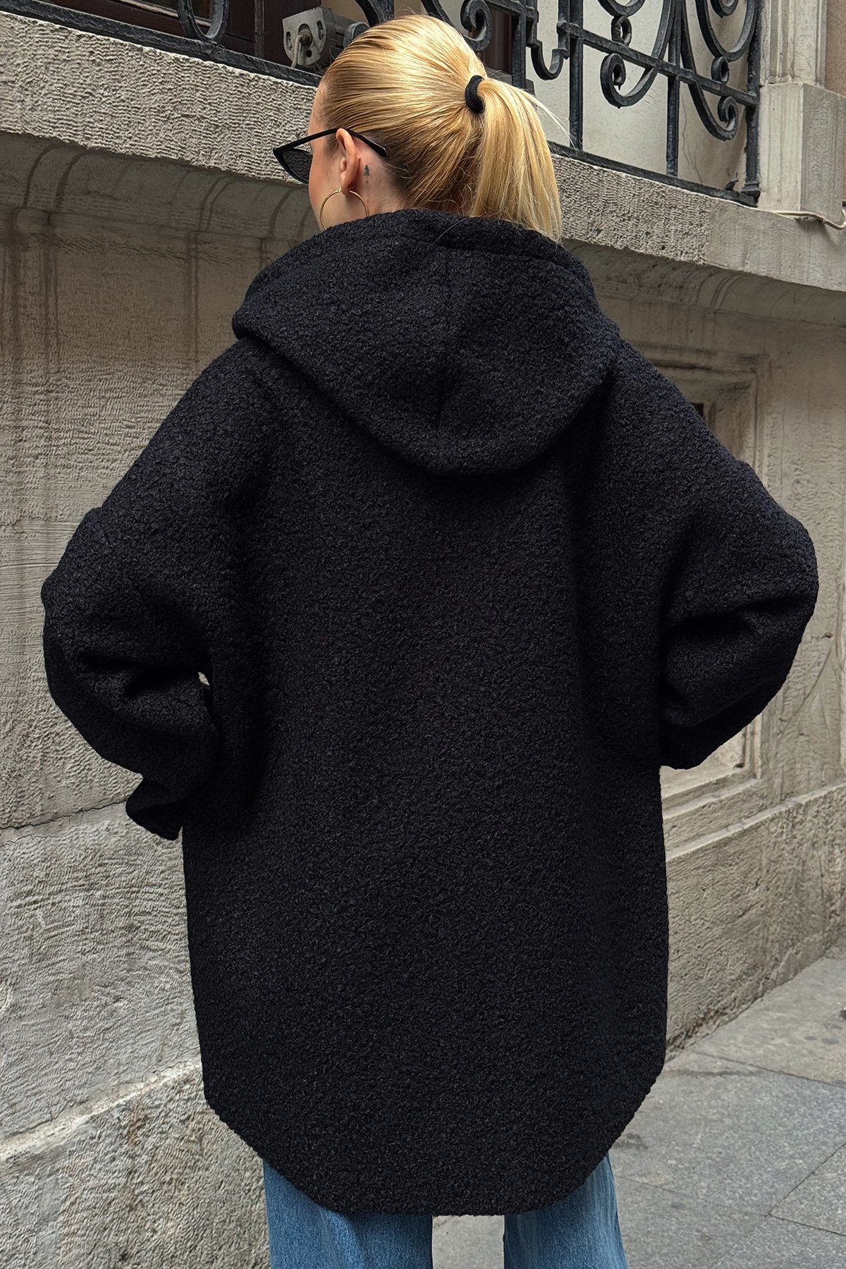 Torba Cepli Kapüşonlu Fermuar Kapamalı Kaşe Kaban - SİYAH