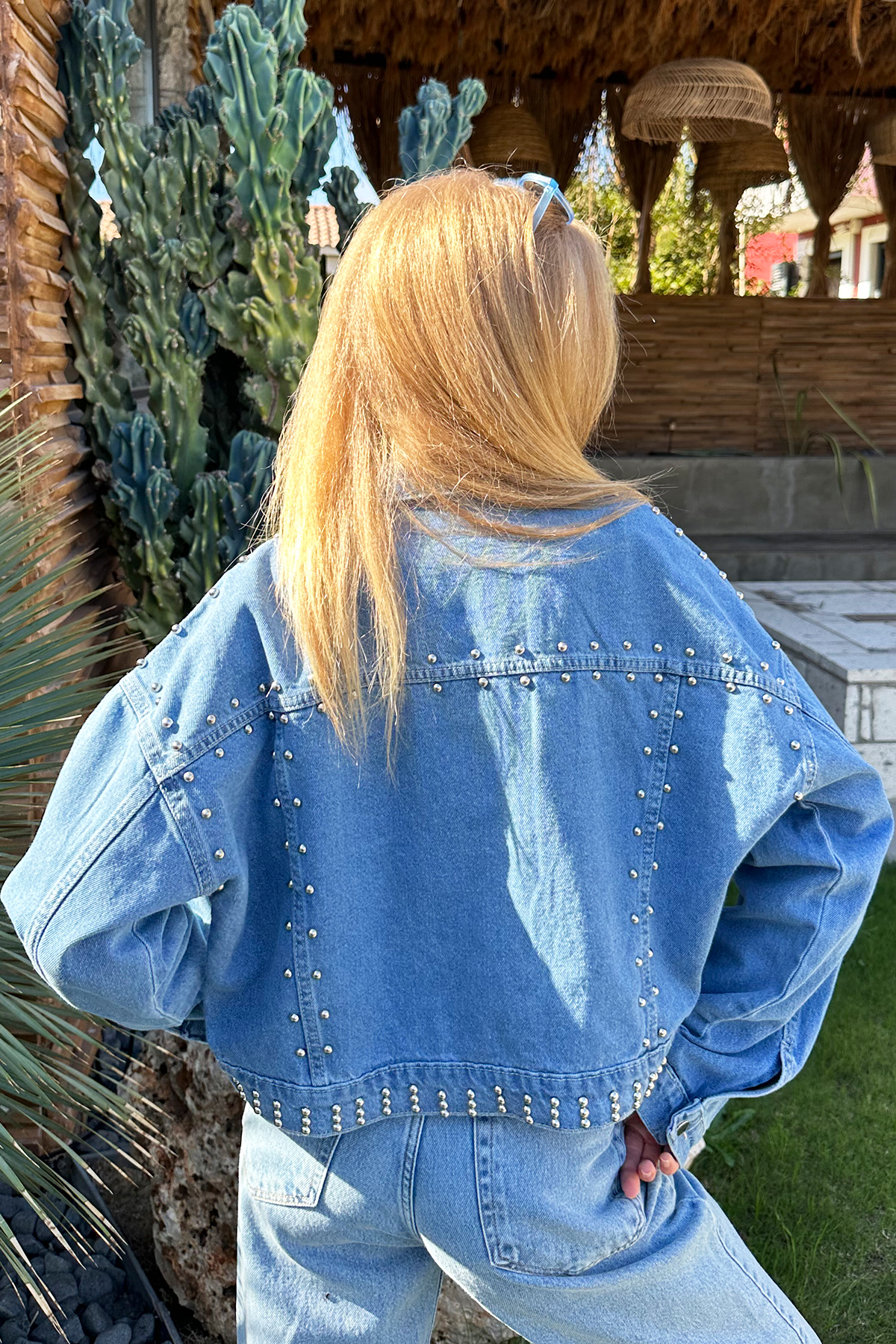 Trok Çakımlı Crop Jean Ceket - Mavi