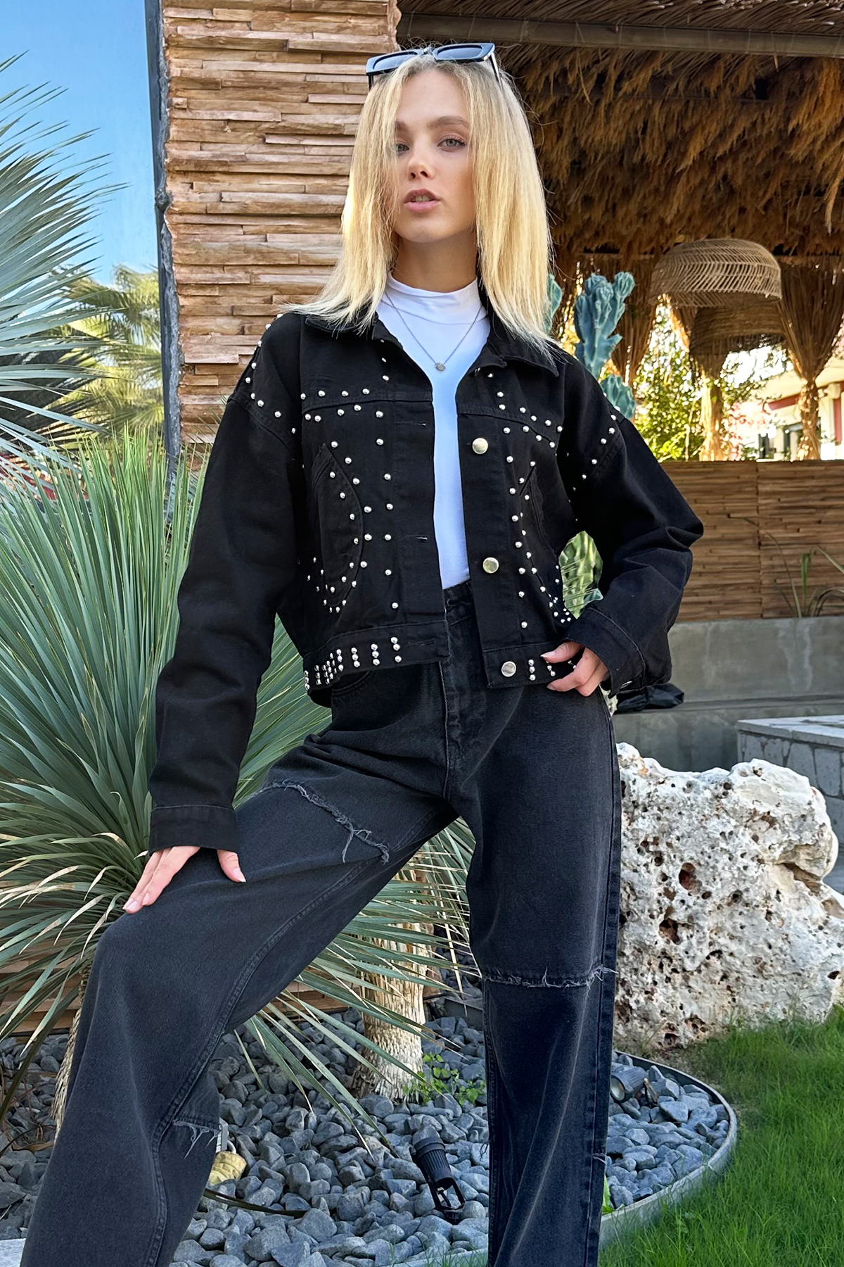 Trok Çakımlı Crop Jean Ceket - Siyah