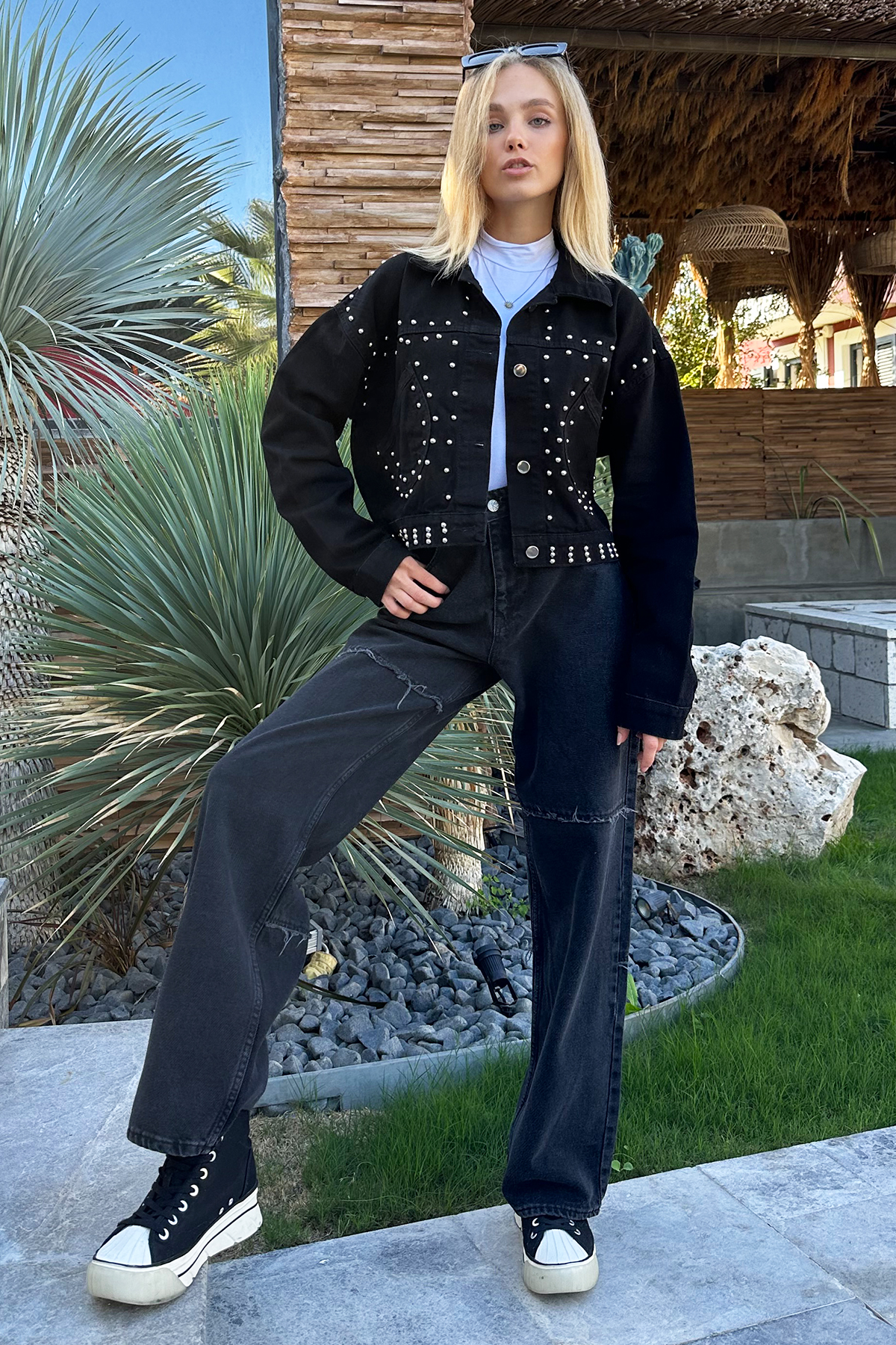 Trok Çakımlı Crop Jean Ceket - Siyah