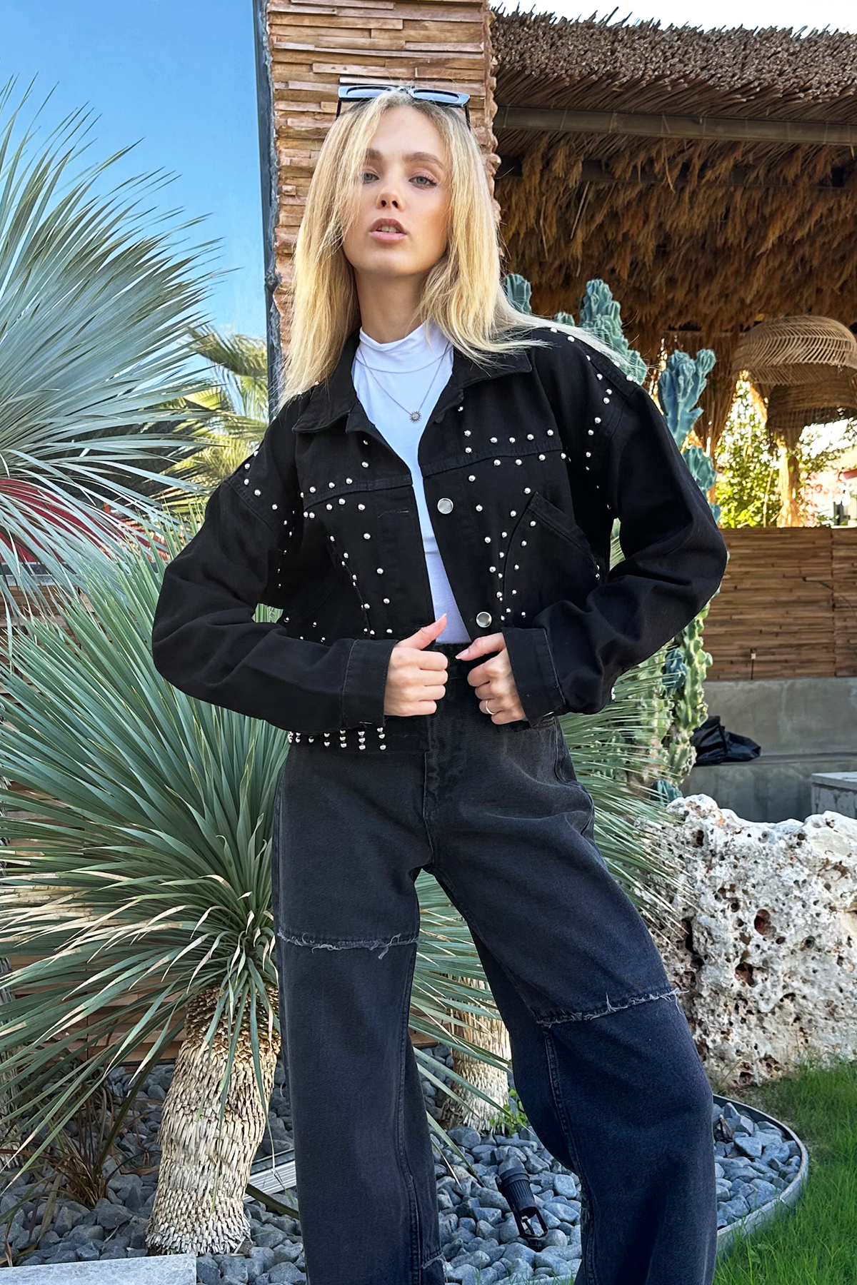 Trok Çakımlı Crop Jean Ceket - Siyah