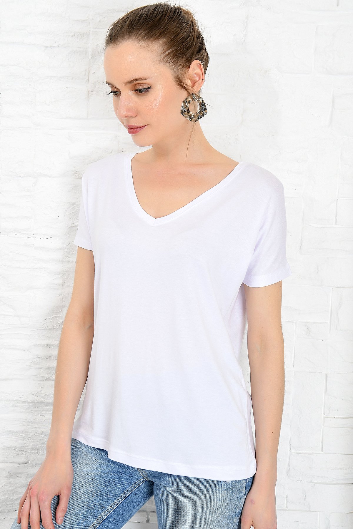 V Yaka 2'Li Paket Basic T-Shirt - Siyah-Beyaz