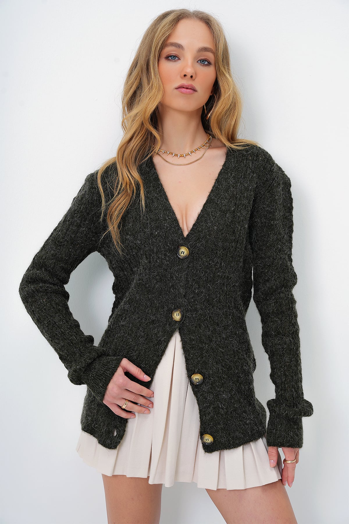 V YAKA AJURLU ANGORA HIRKA - HAKİ