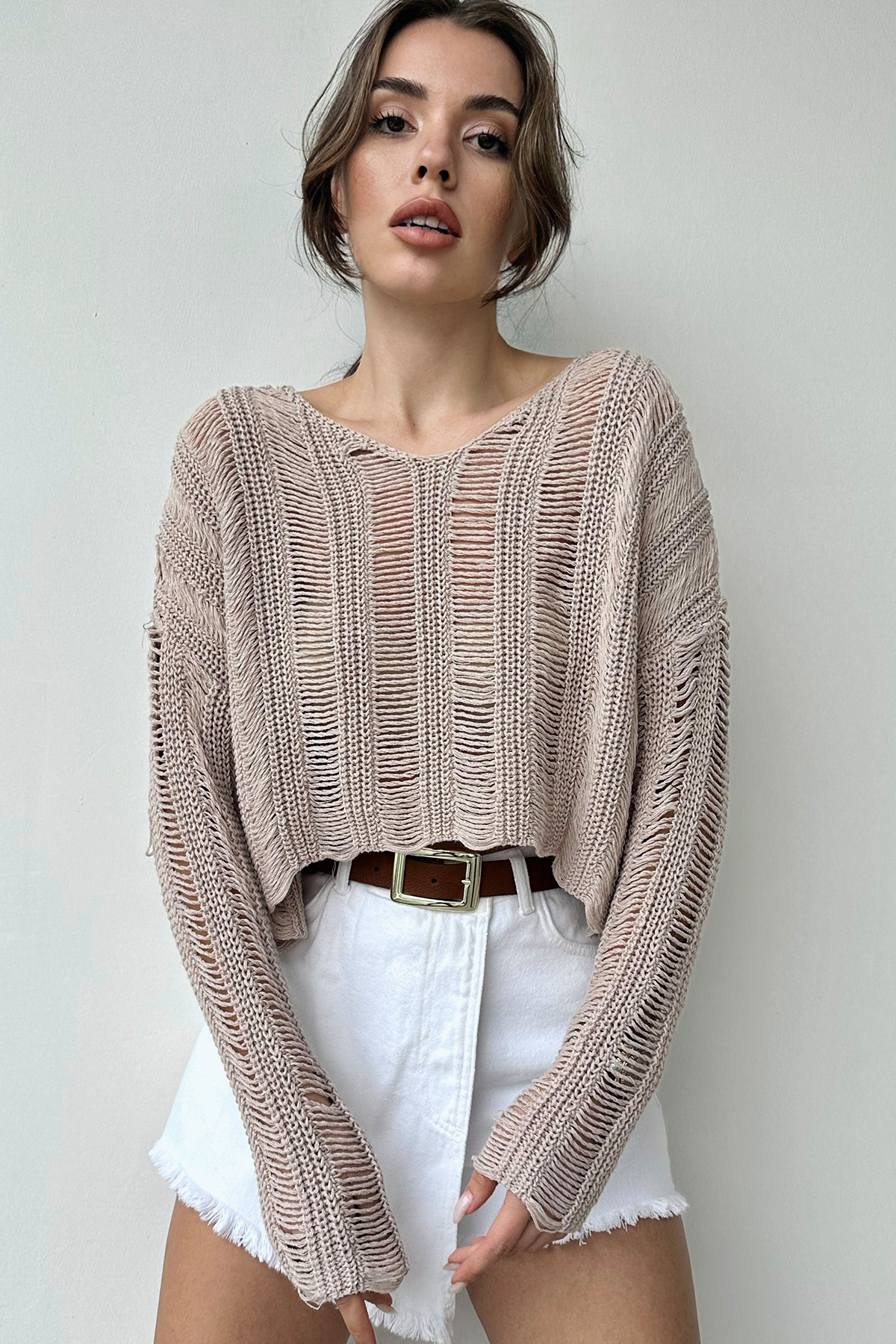 V Yaka Ajurlu Crop Triko Bluz - BEJ