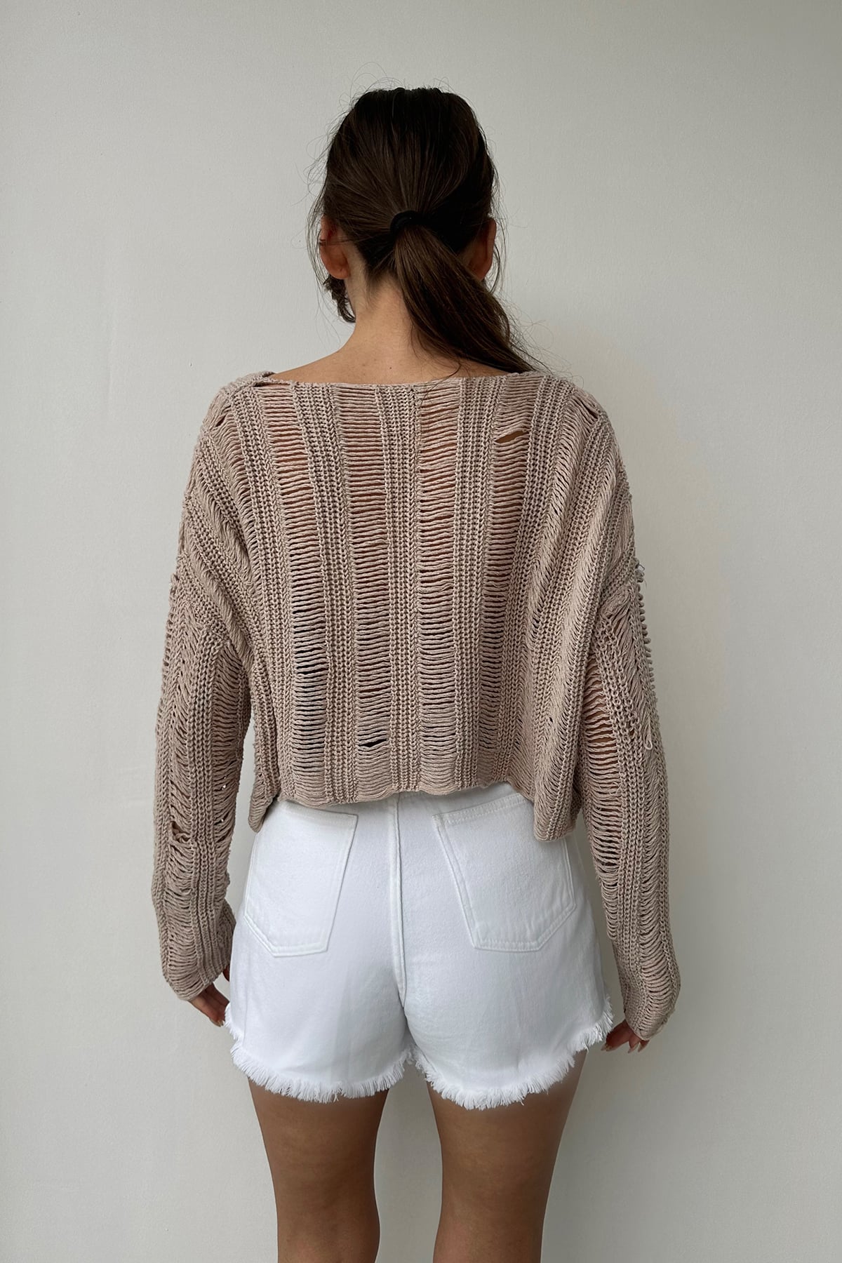V Yaka Ajurlu Crop Triko Bluz - BEJ