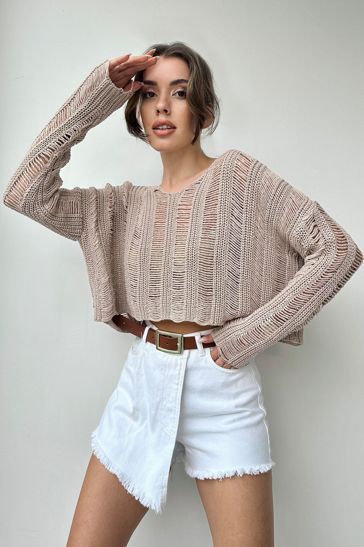 V Yaka Ajurlu Crop Triko Bluz - BEJ