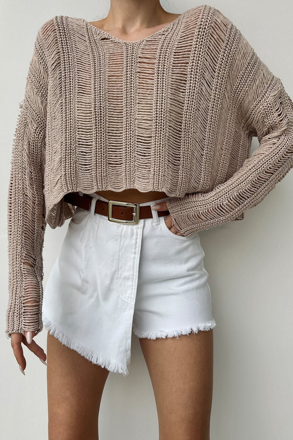 V Yaka Ajurlu Crop Triko Bluz - BEJ