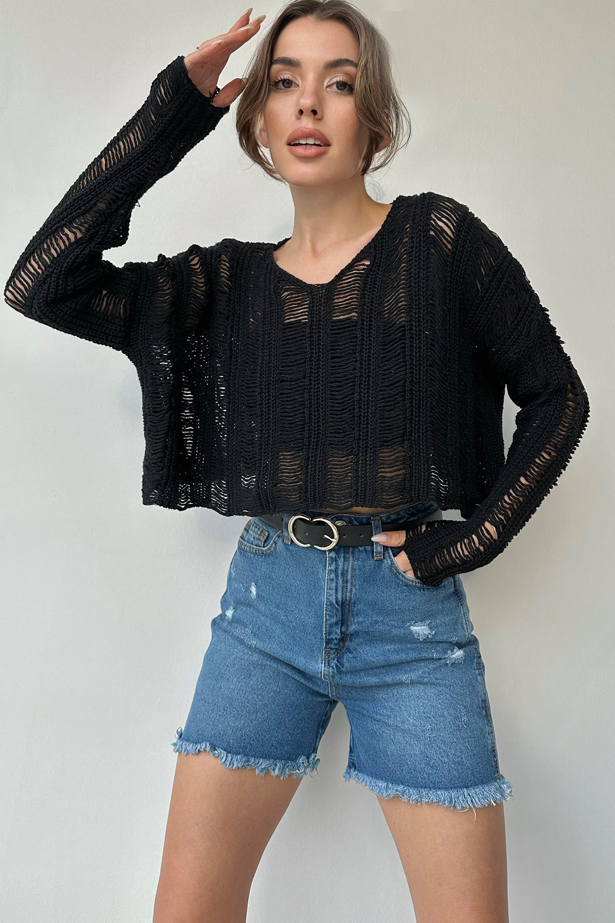 V Yaka Ajurlu Crop Triko Bluz - SİYAH
