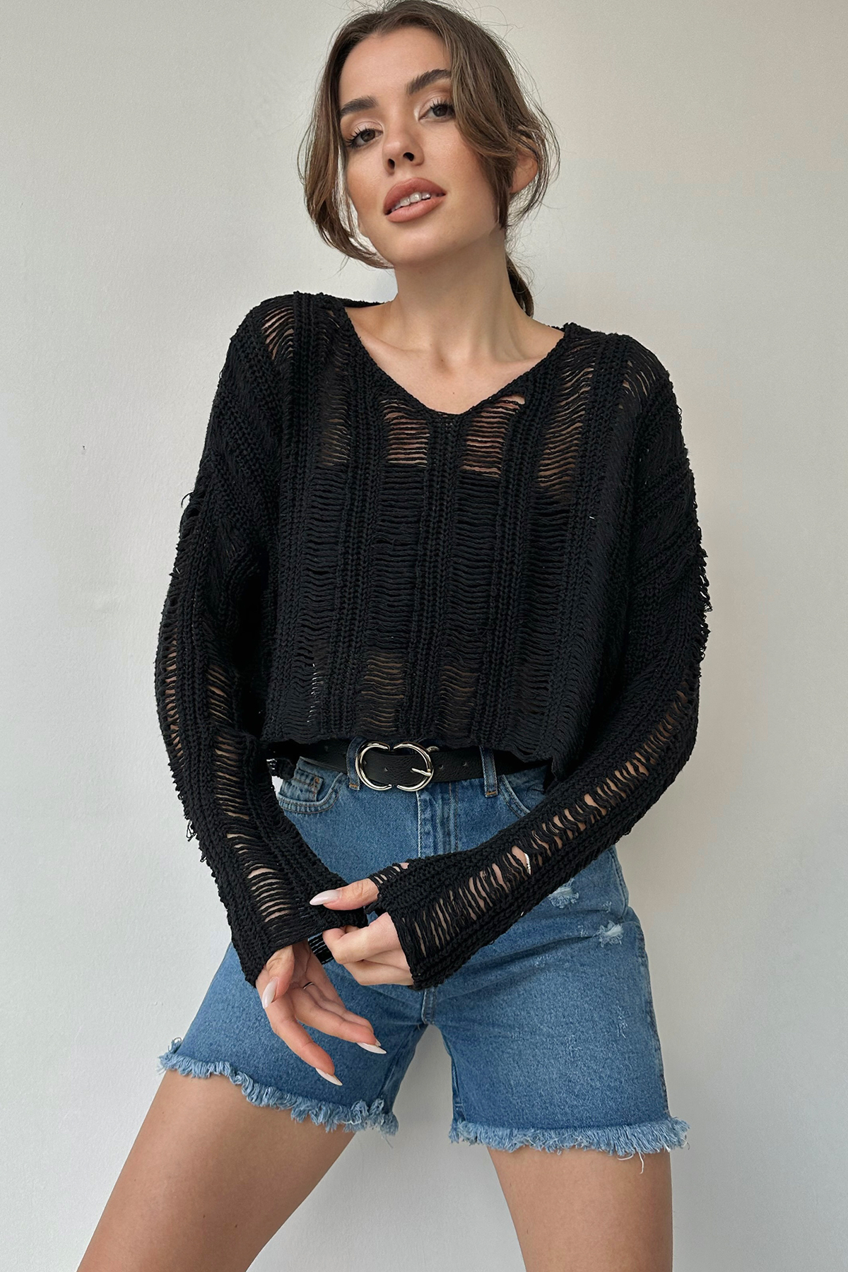 V Yaka Ajurlu Crop Triko Bluz - SİYAH