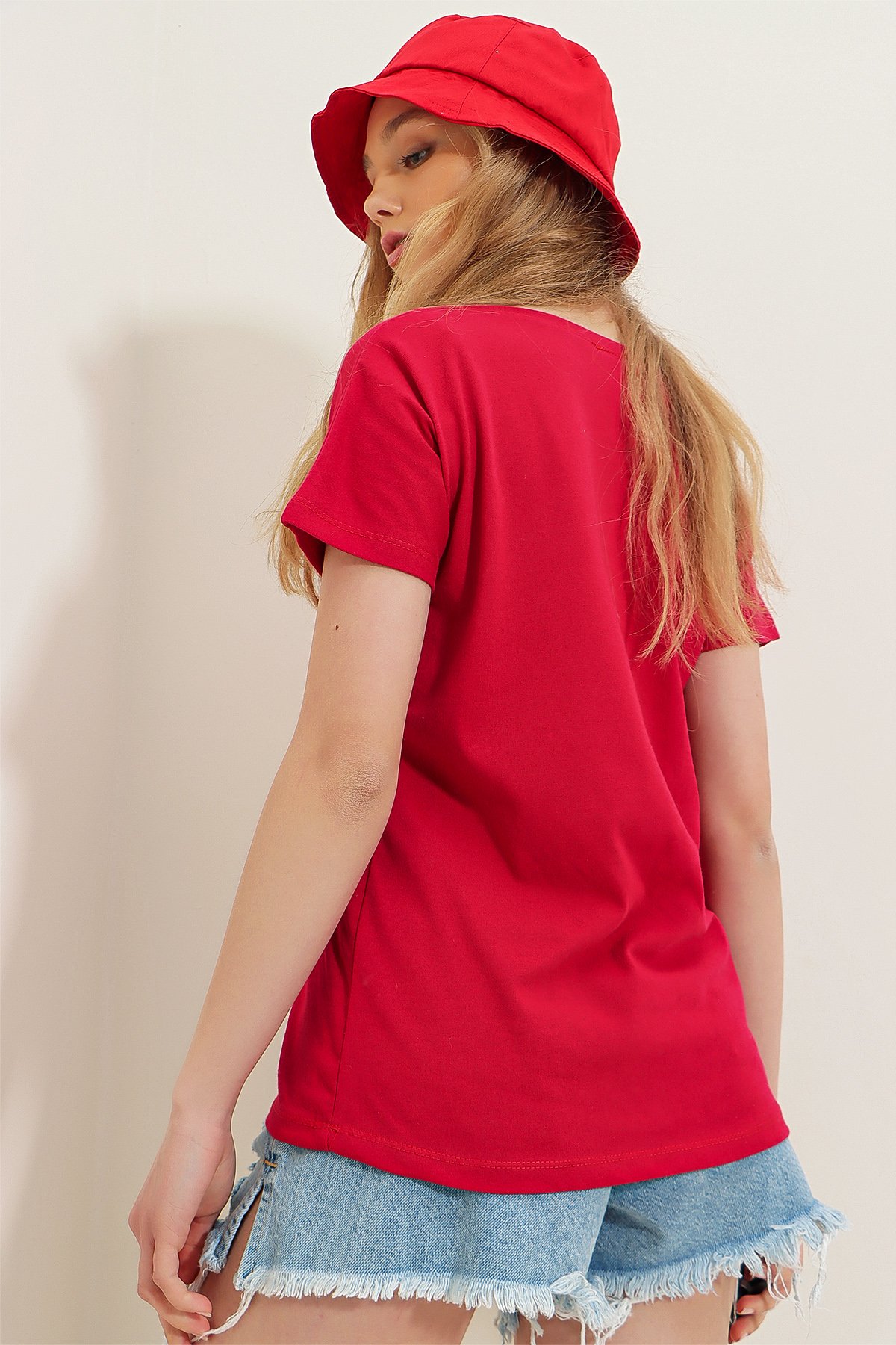 V Yaka Basic T-Shirt - Bordo