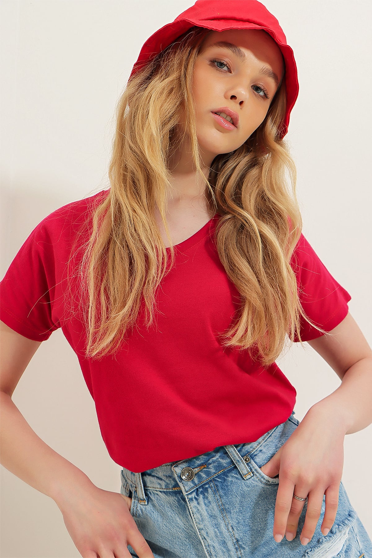 V Yaka Basic T-Shirt - Bordo