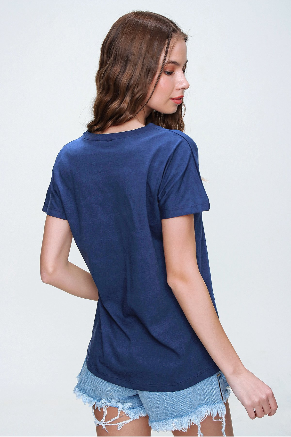 V Yaka Basic T-Shirt - İndigo