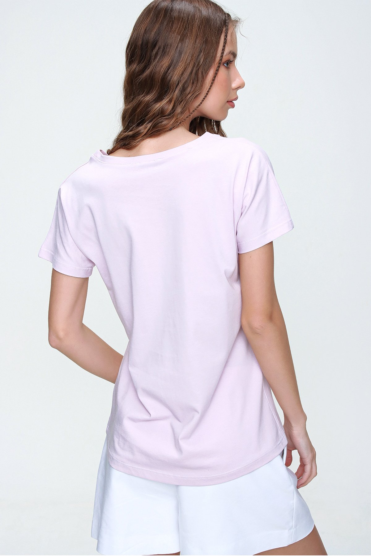 V Yaka Basic T-Shirt - Lila
