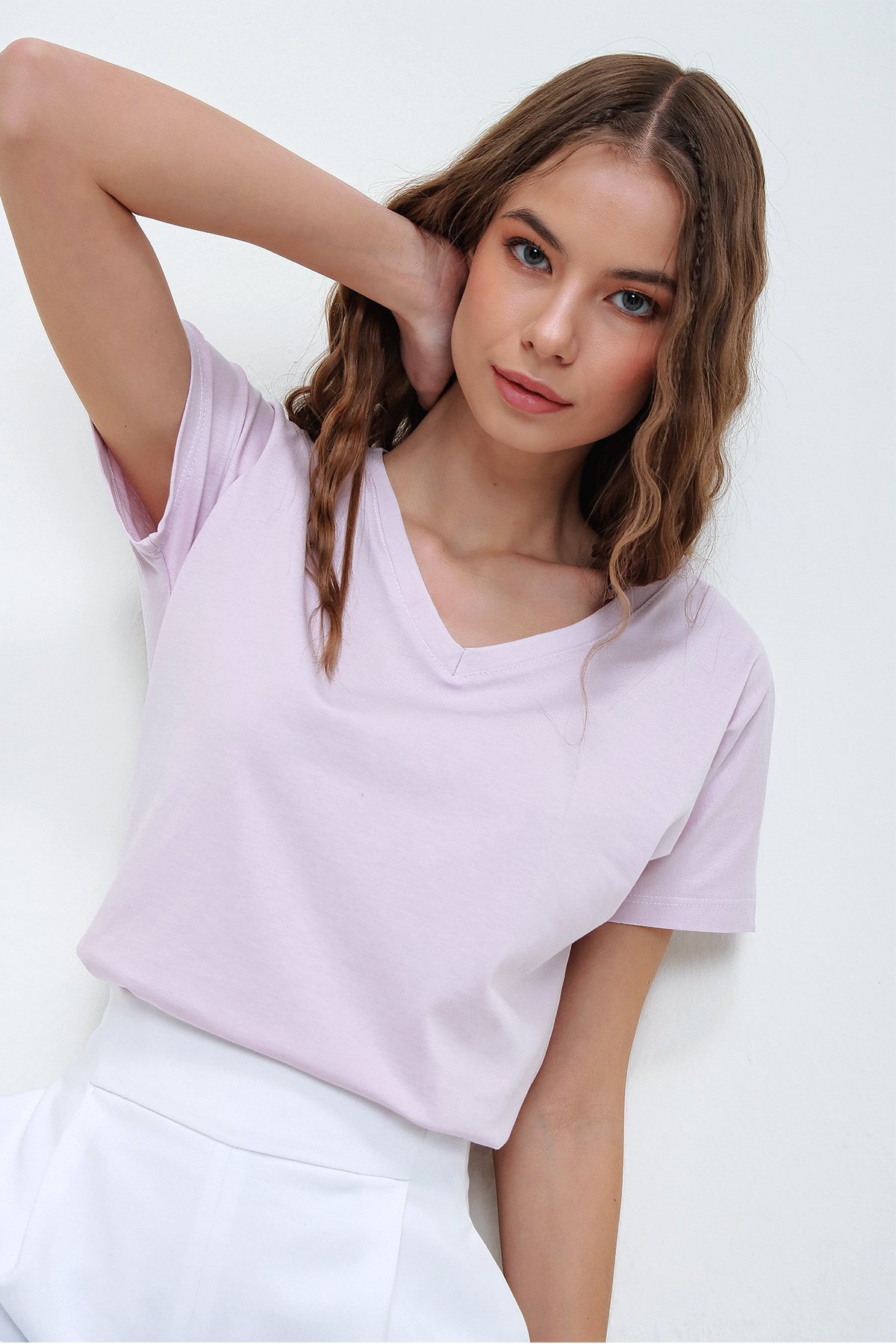 V Yaka Basic T-Shirt - Lila