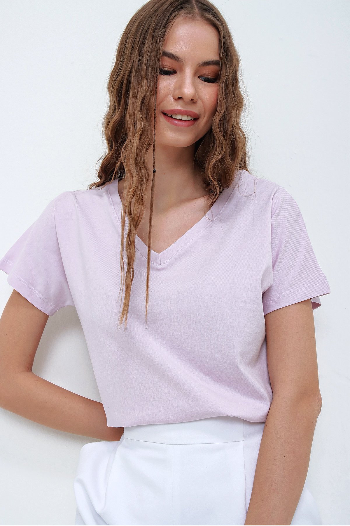 V Yaka Basic T-Shirt - Lila