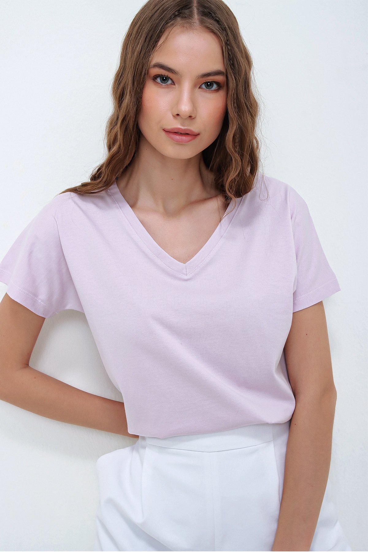 V Yaka Basic T-Shirt - Lila
