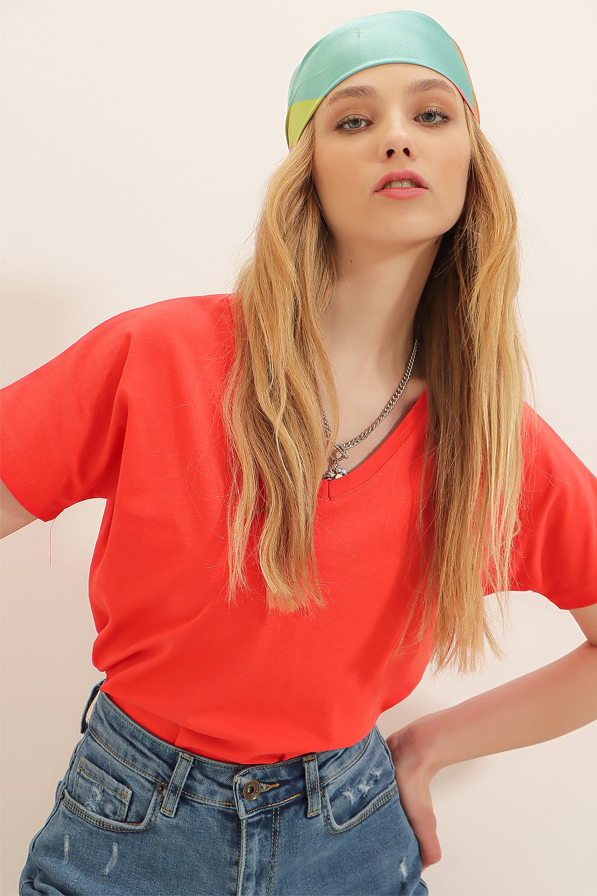 V Yaka Basic T-Shirt - Mercan