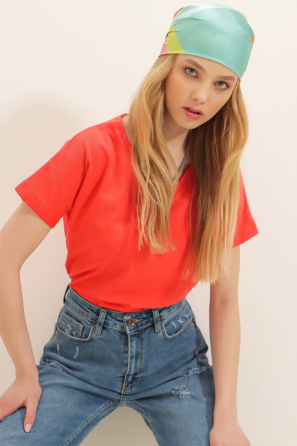 V Yaka Basic T-Shirt - Mercan