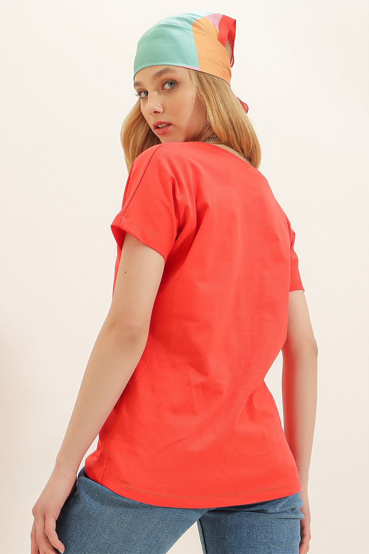 V Yaka Basic T-Shirt - Mercan