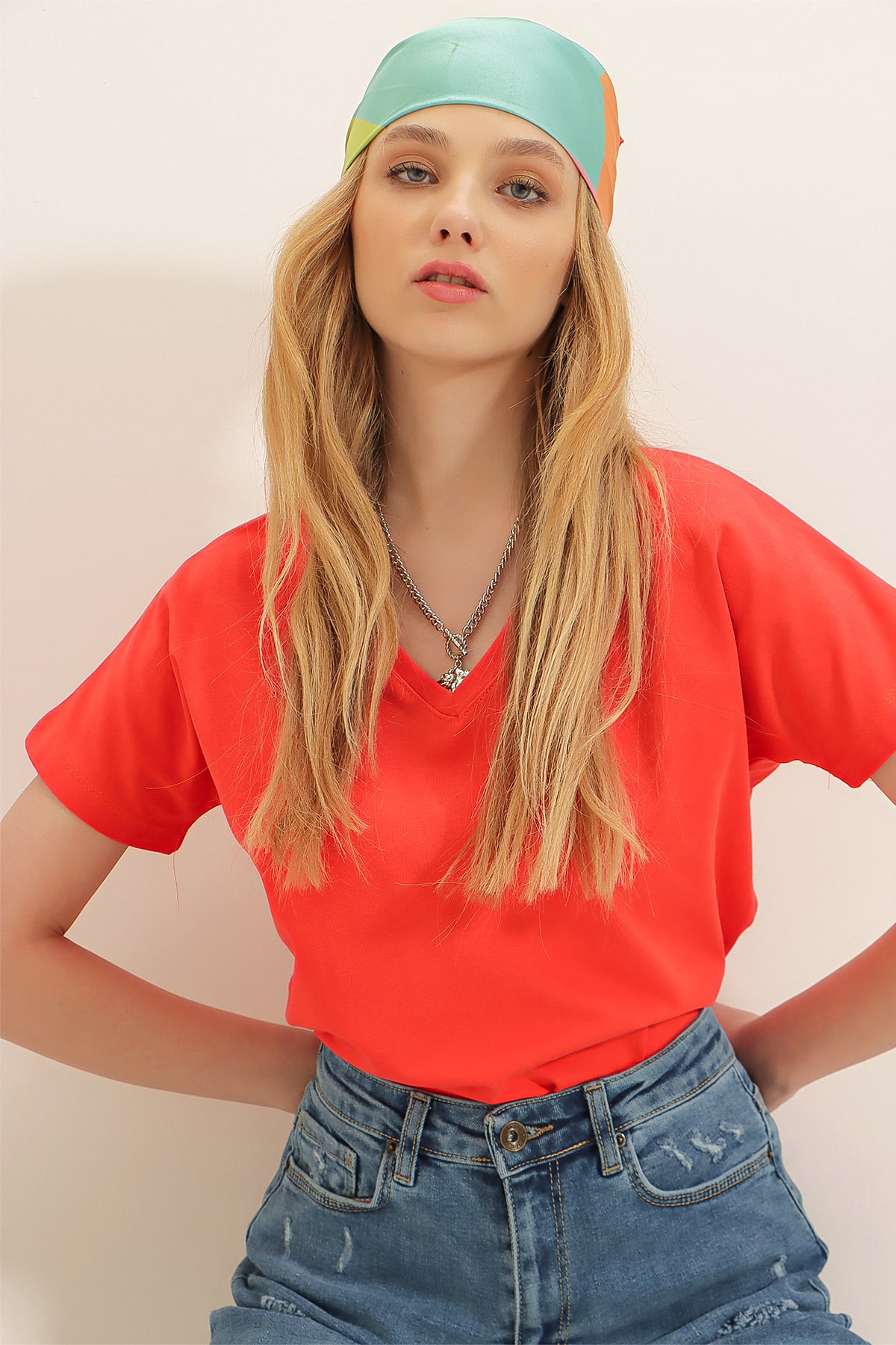 V Yaka Basic T-Shirt - Mercan