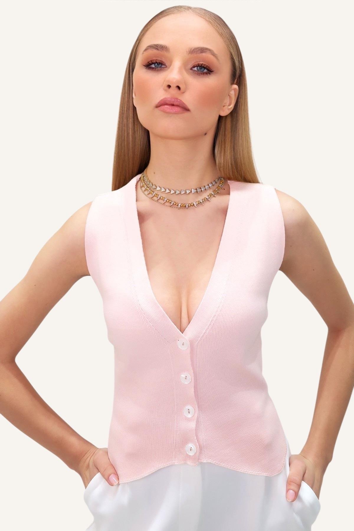 V Yaka Düğmeli Yazlık Triko Yelek - PEMBE