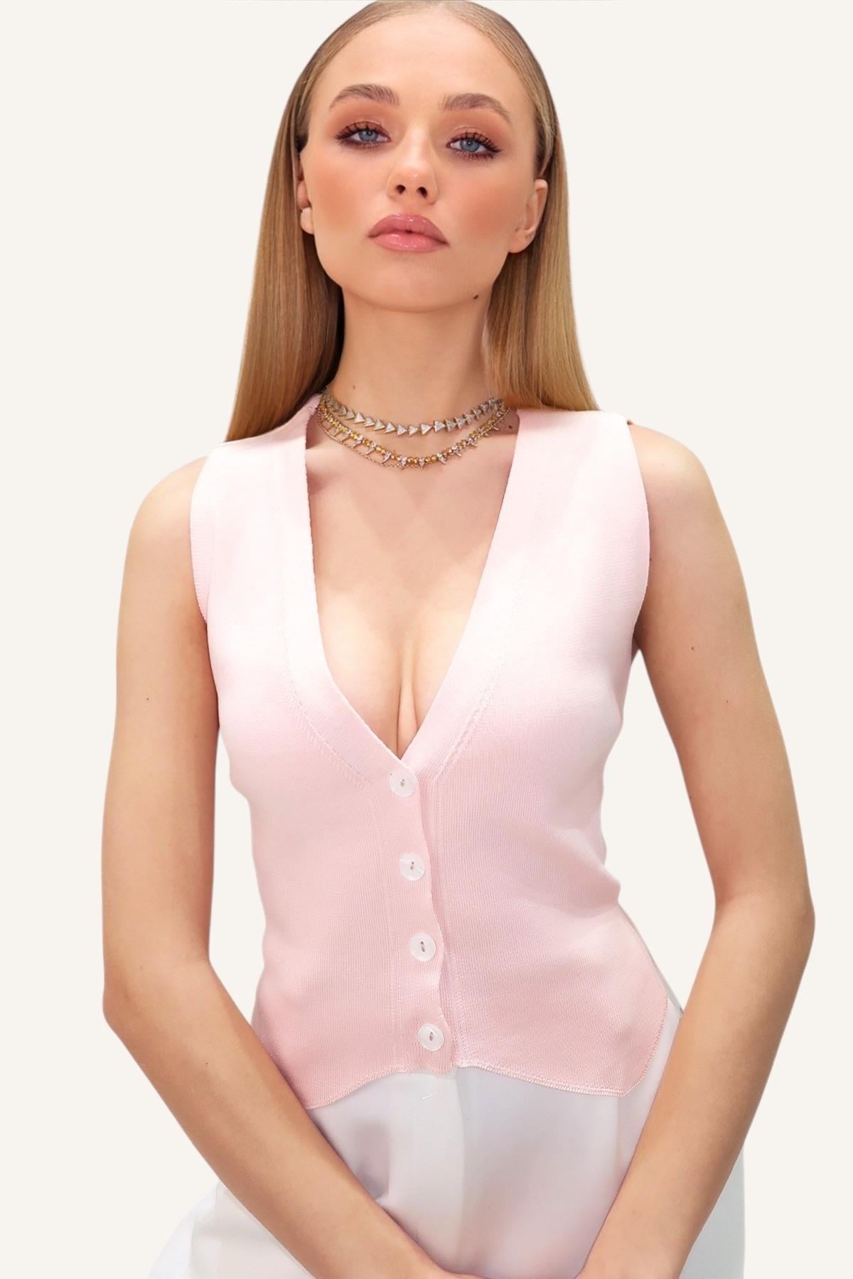 V Yaka Düğmeli Yazlık Triko Yelek - PEMBE