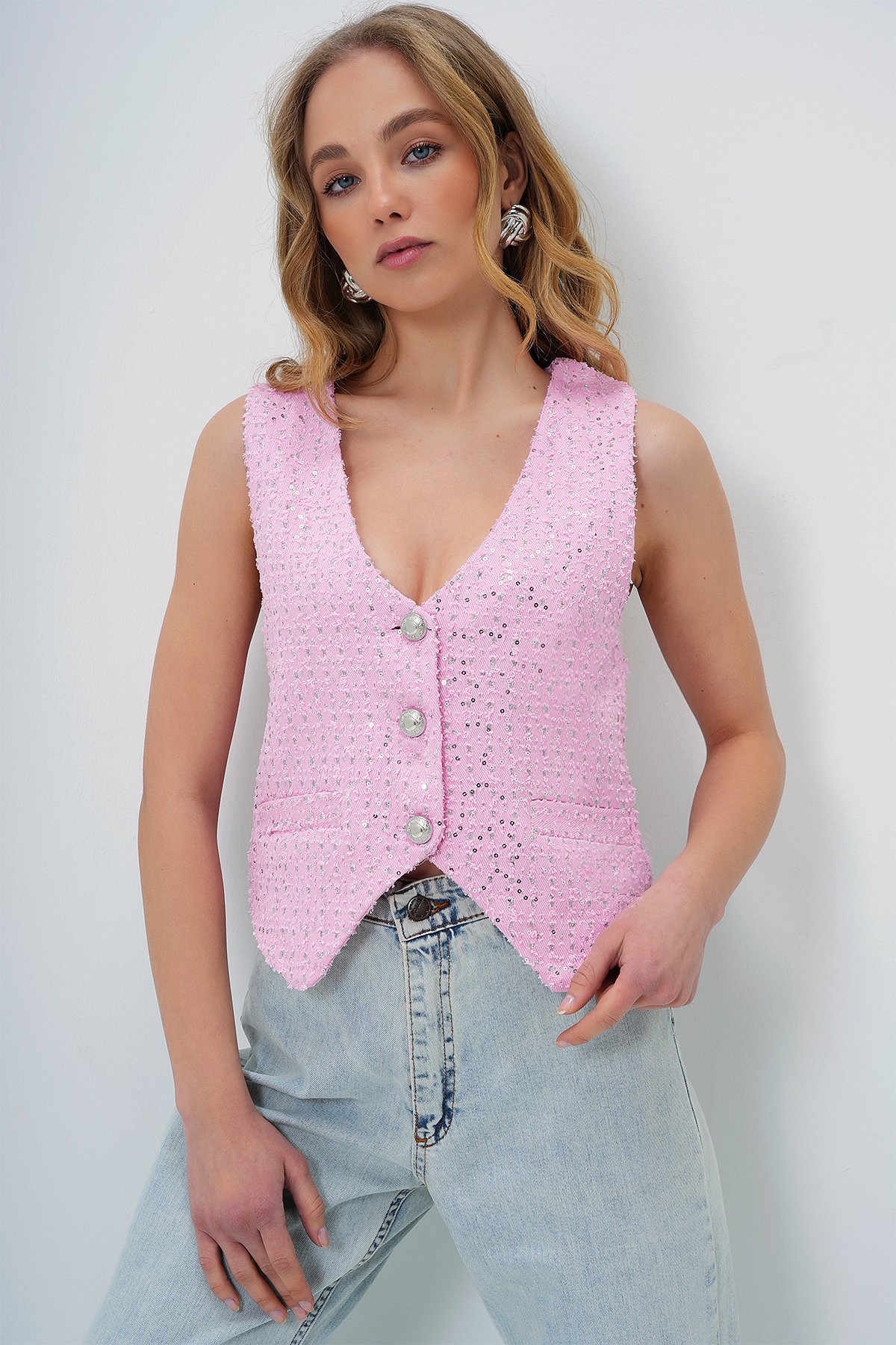 V YAKA FLETO CEPLİ ASTARLI JEAN YELEK - PEMBE