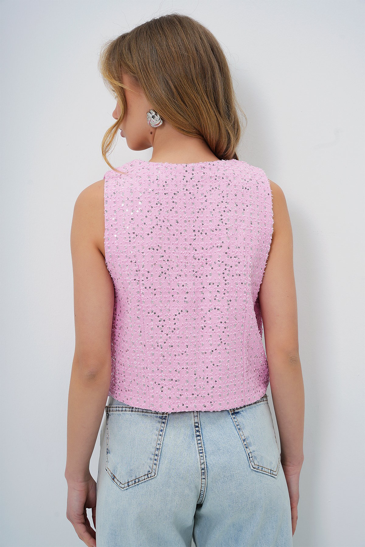 V YAKA FLETO CEPLİ ASTARLI JEAN YELEK - PEMBE