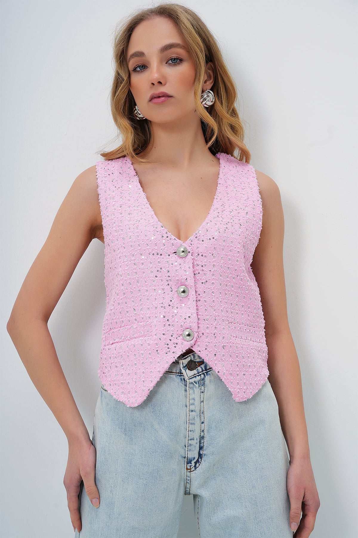 V YAKA FLETO CEPLİ ASTARLI JEAN YELEK - PEMBE