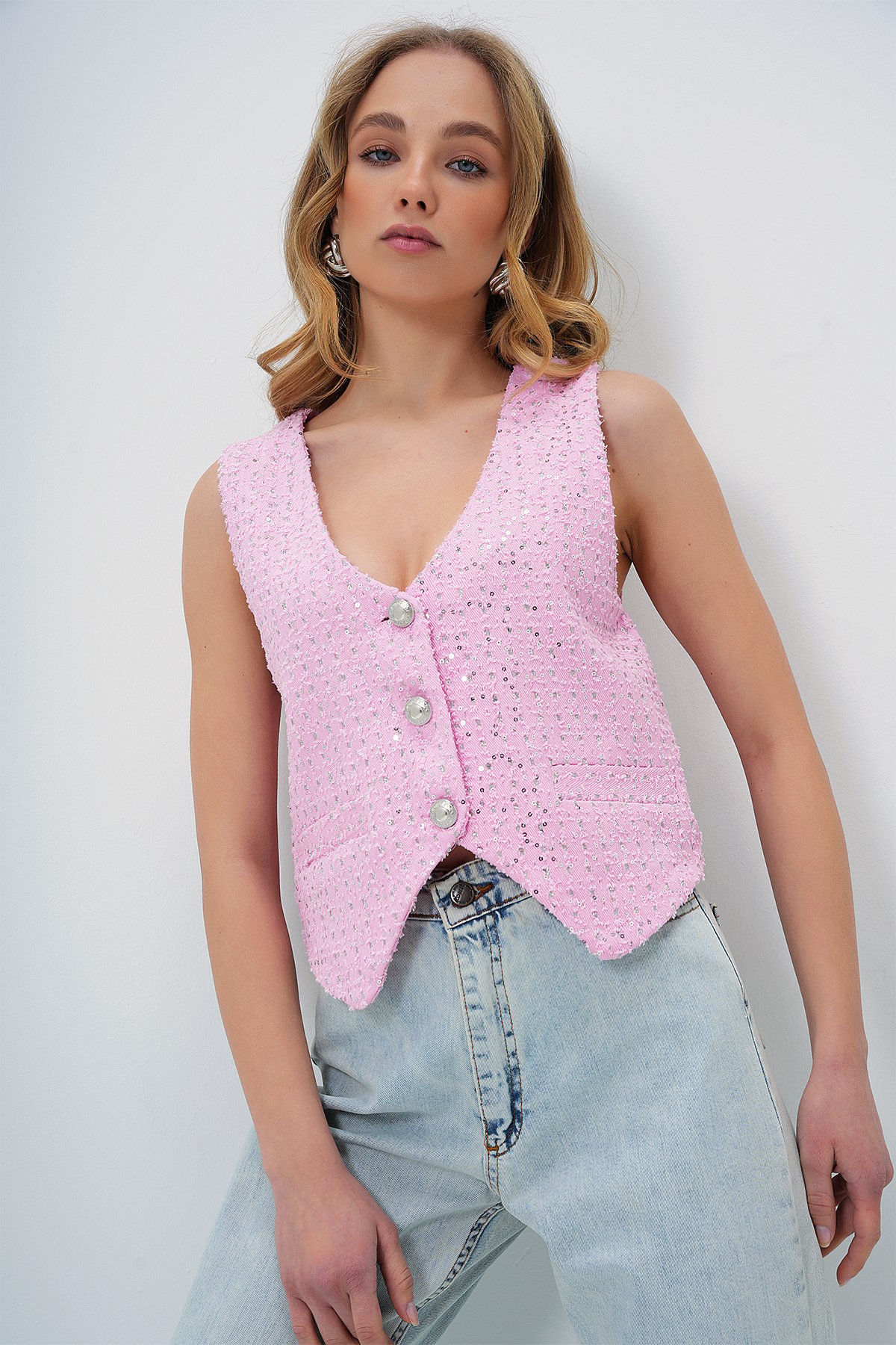 V YAKA FLETO CEPLİ ASTARLI JEAN YELEK - PEMBE