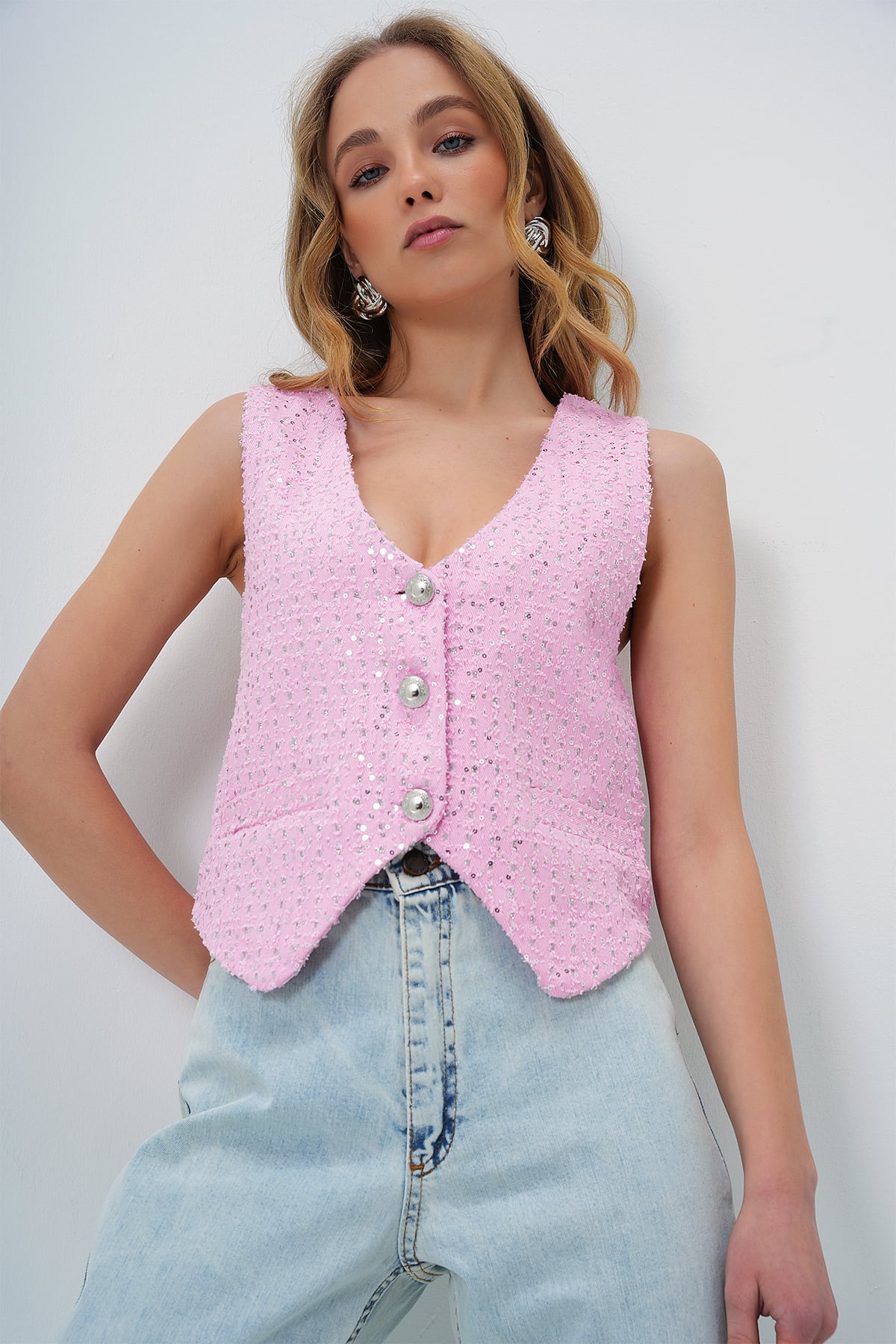 V YAKA FLETO CEPLİ ASTARLI JEAN YELEK - PEMBE