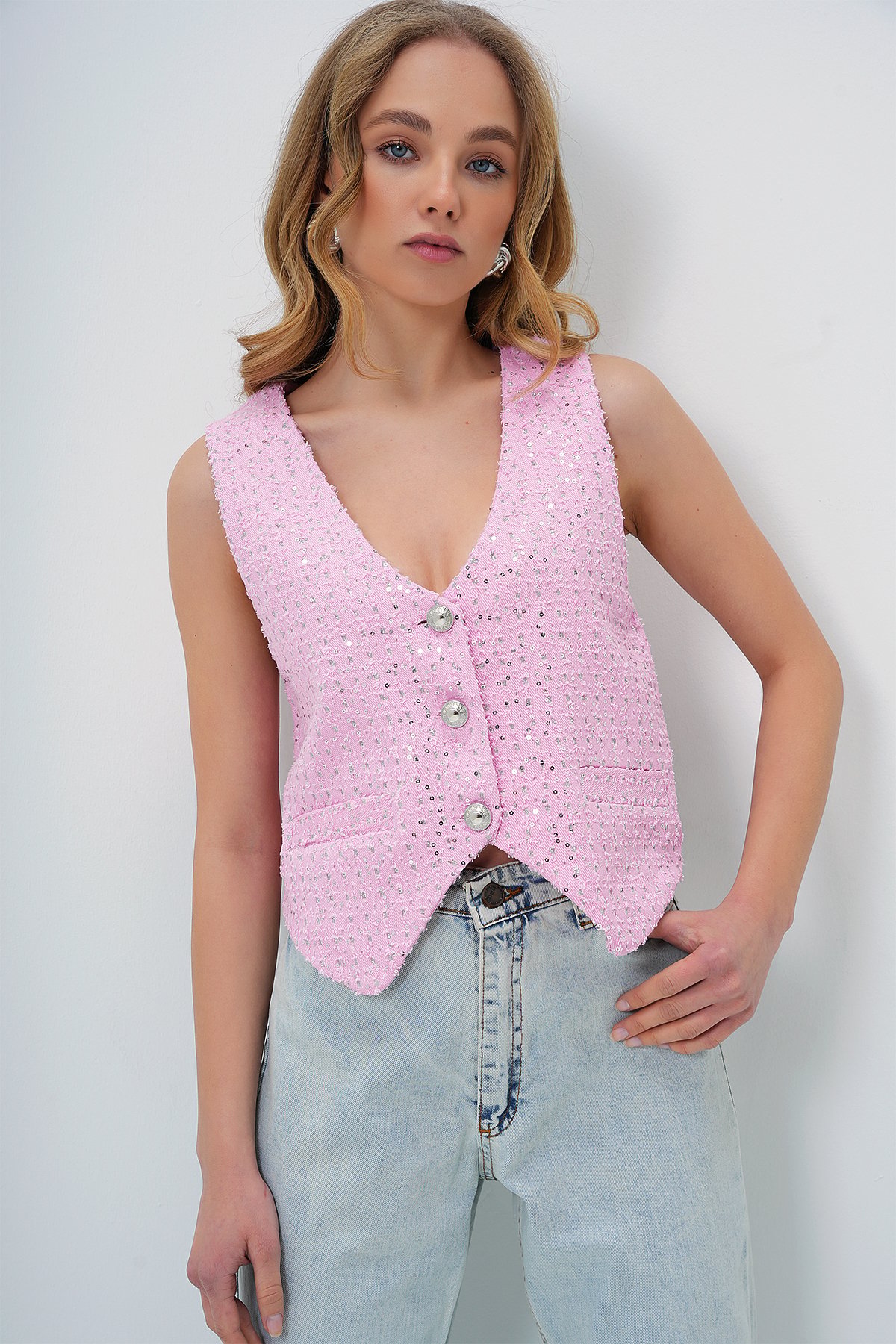 V YAKA FLETO CEPLİ ASTARLI JEAN YELEK - PEMBE
