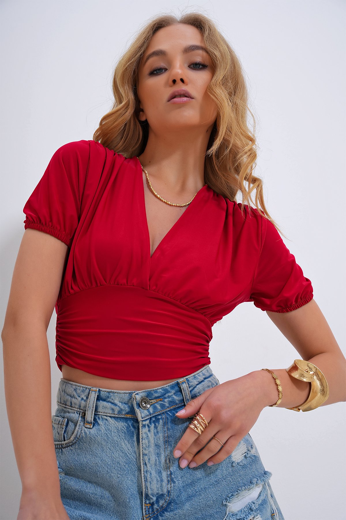 V Yaka Karpuz Kol Crop Örme Bluz - Kırmızı