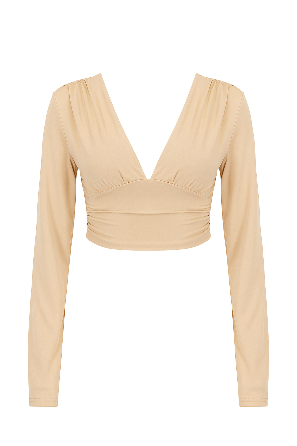 V  Yaka Önü Ve Beli Büzgülü Sandy Crop Bluz - Bej
