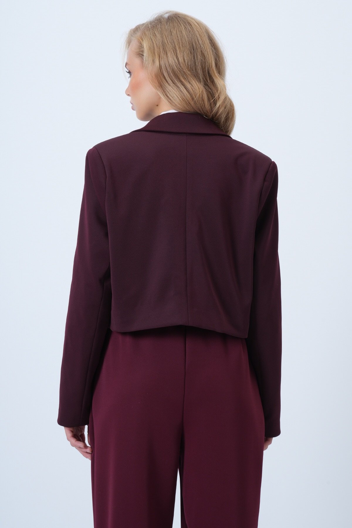 YAKA DETAYLI İÇİ ASTARLI KALIN CROP CEKET - BORDO