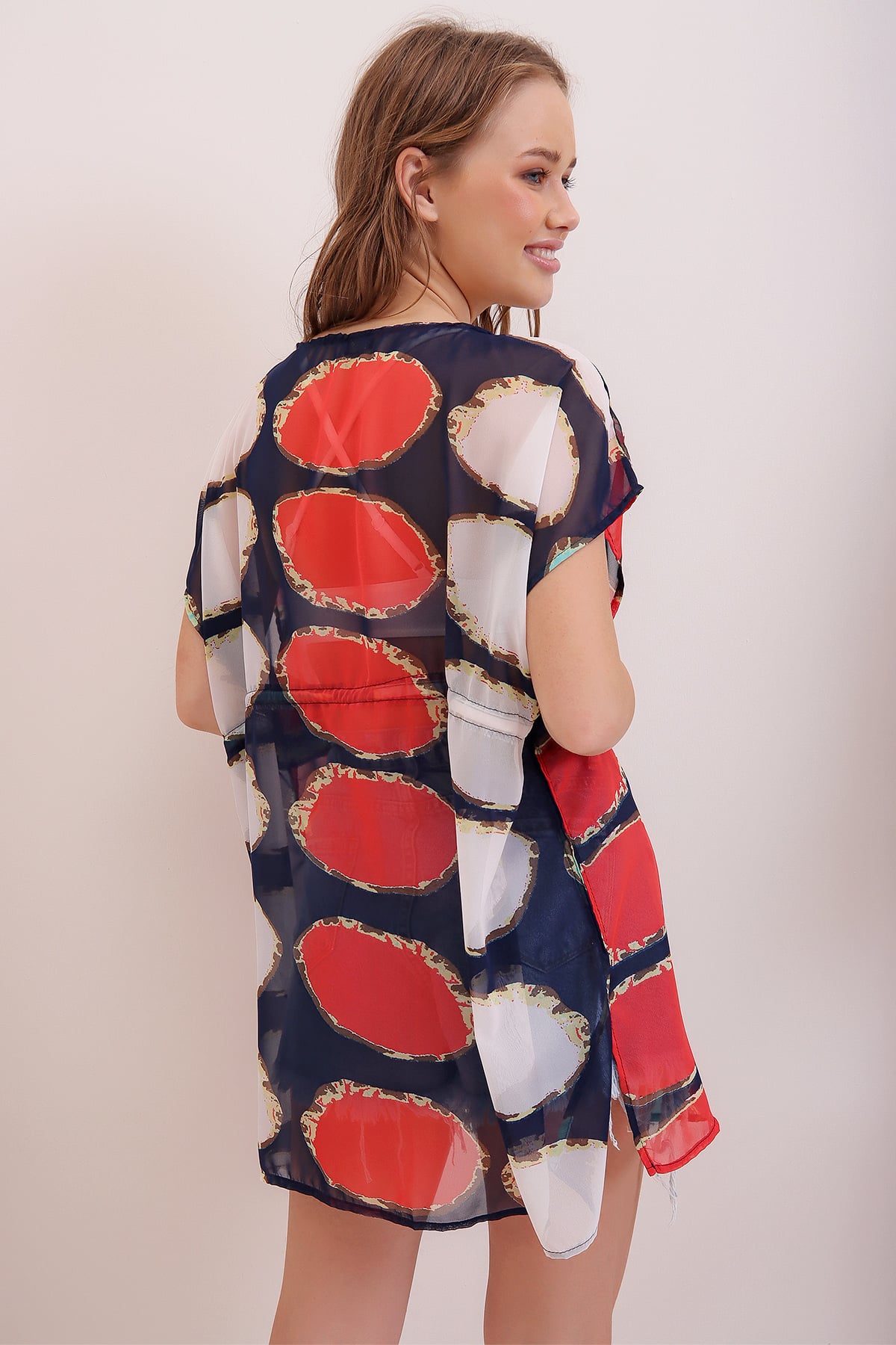 Yanı Yırtmaçlı Desenli Kimono - Kırmızı