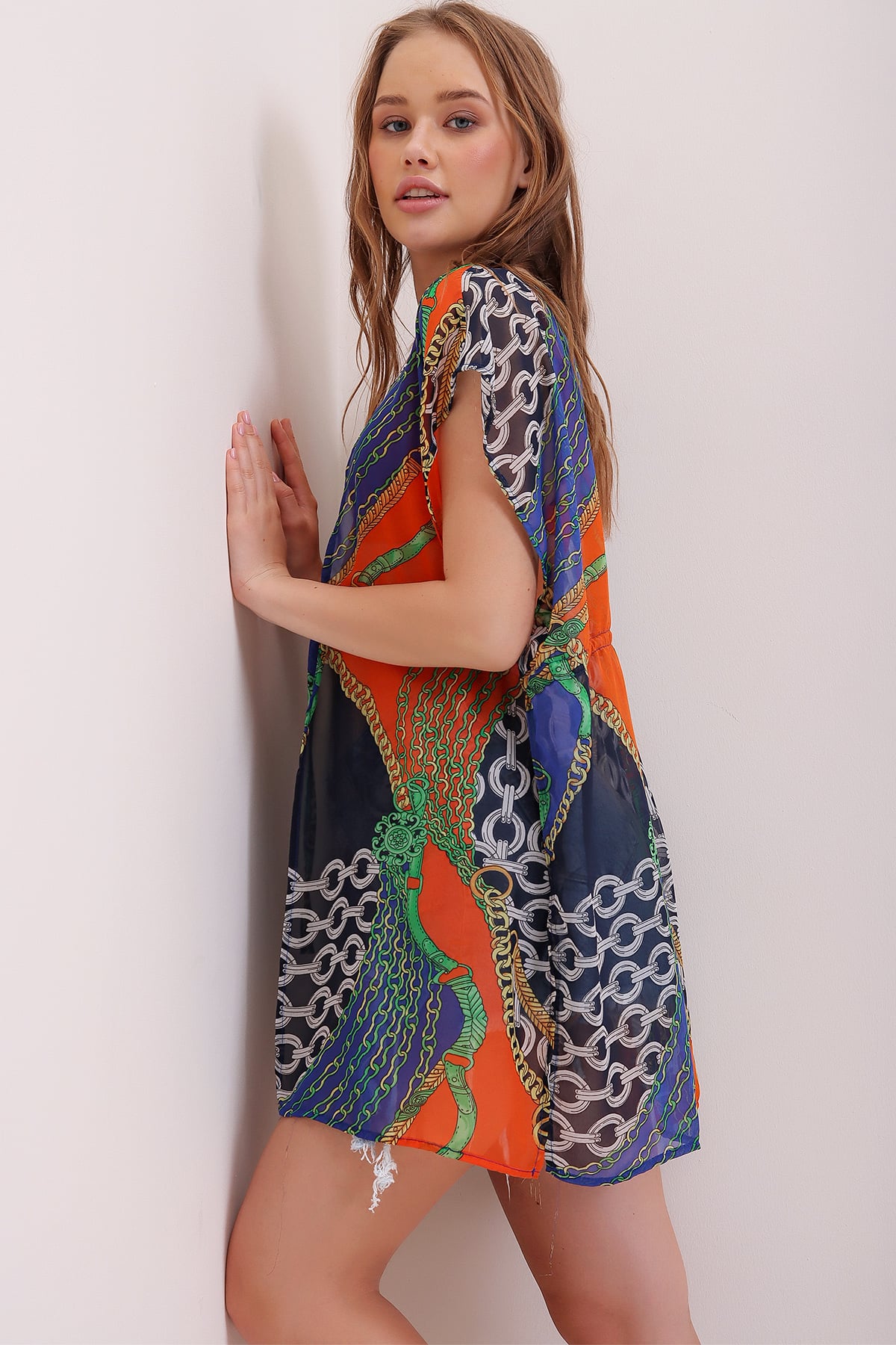 Yanı Yırtmaçlı Desenli Kimono - Mix