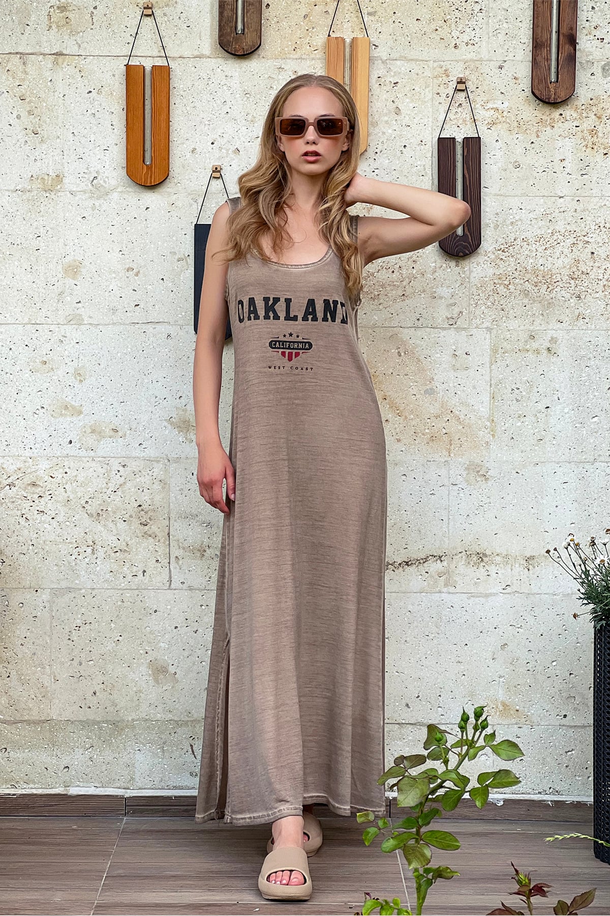 Yıkamalı Degrade Baskılı Elbise - Bej