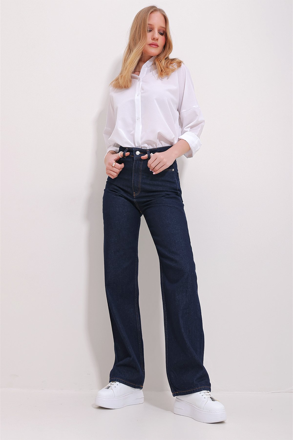 Yüksek Bel 5 Cepli Wide Leg Palazzo Pantolon - Koyu Lacivert