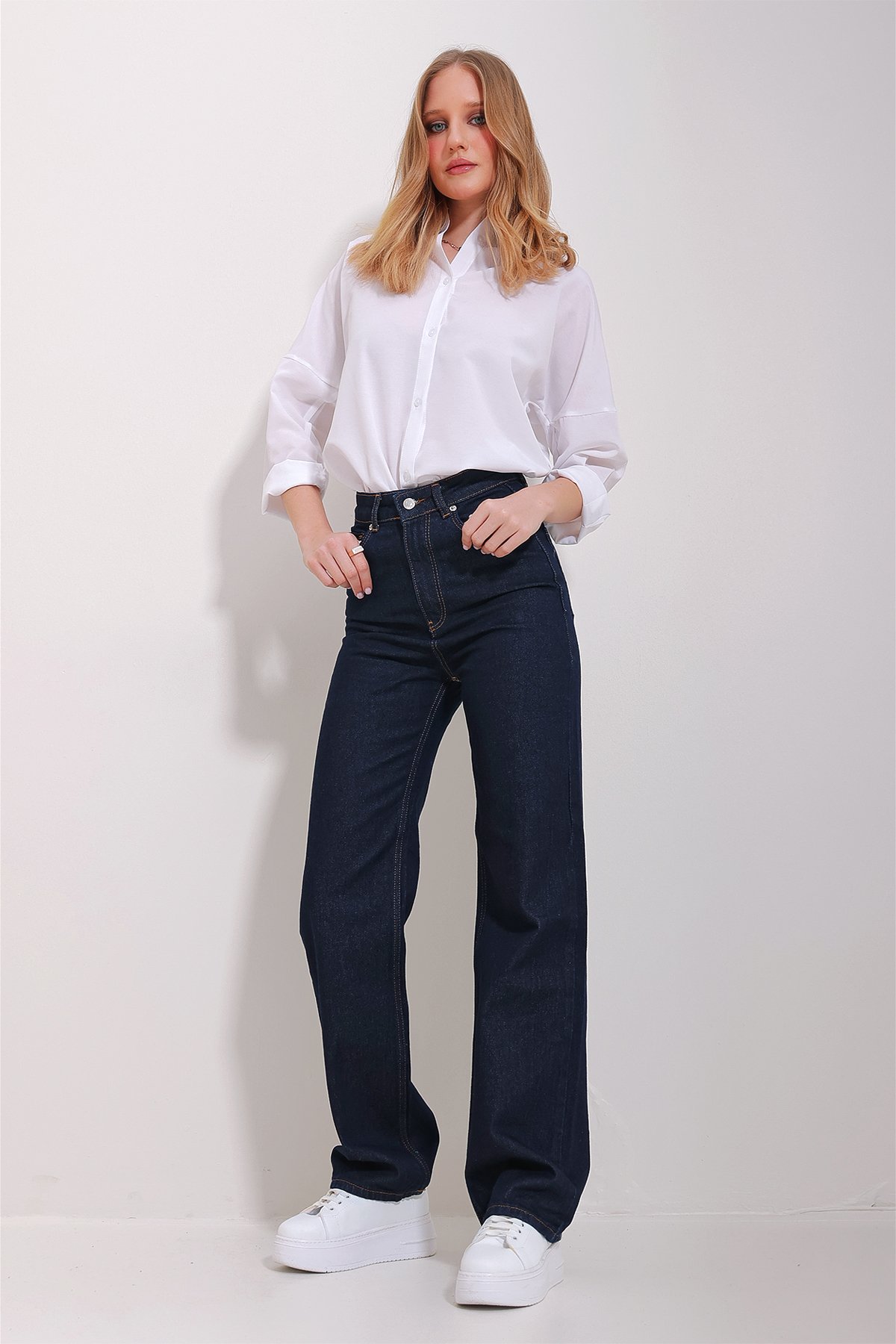 Yüksek Bel 5 Cepli Wide Leg Palazzo Pantolon - Koyu Lacivert